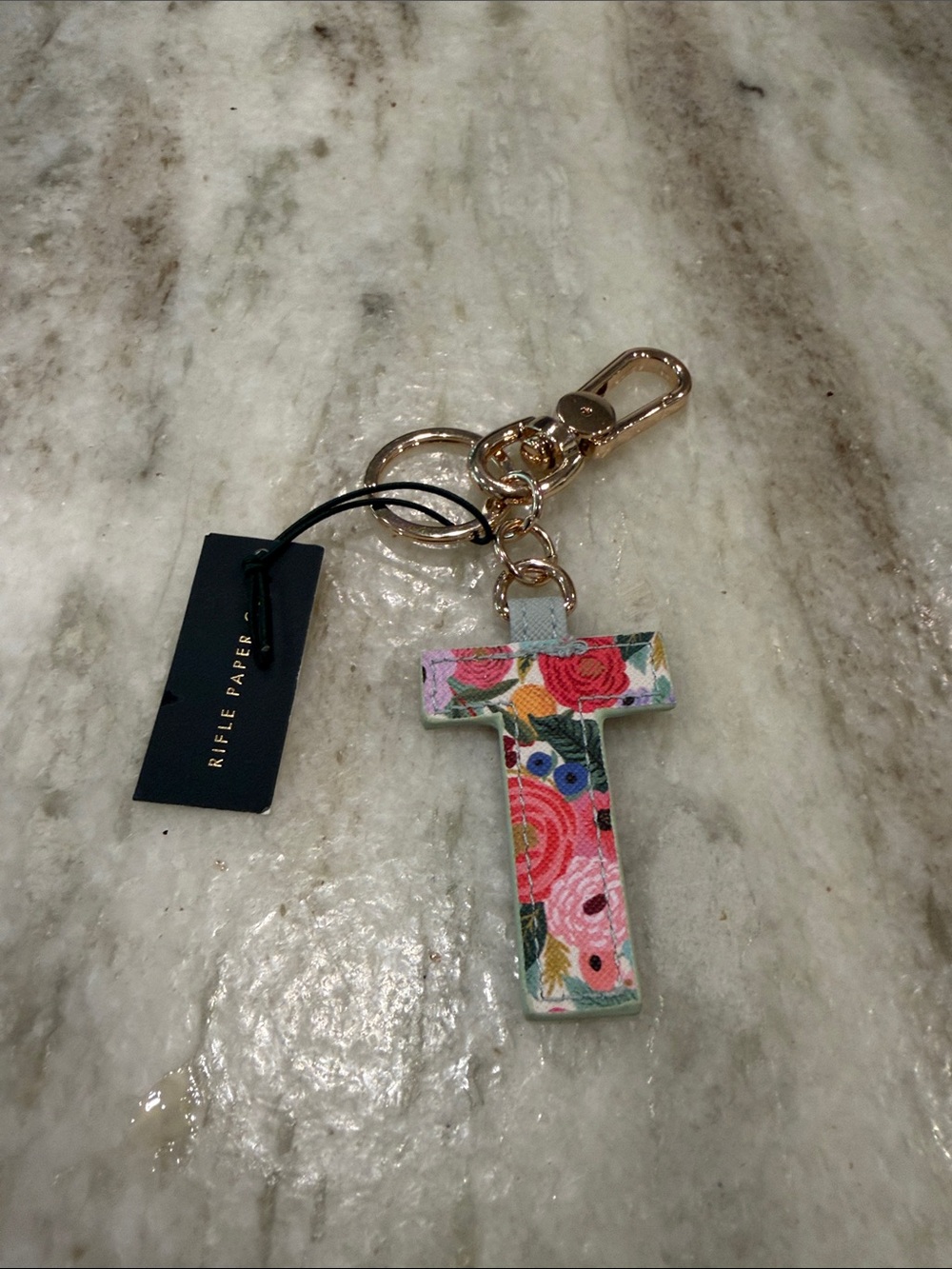 Rifle Paper Co Floral 'T' Initial Keychain Charm - Gold Hardware